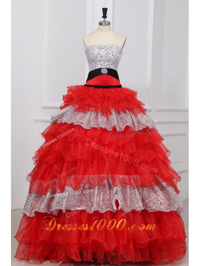 Silver and Red Sequin and Organza Ball Gown Dresses for Ladies