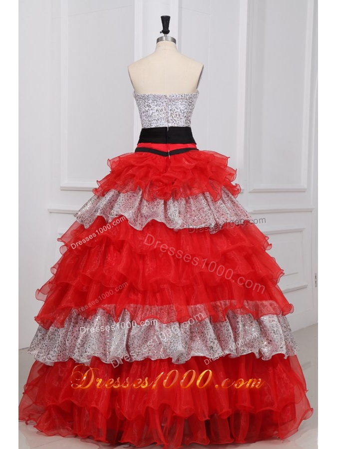 Silver and Red Sequin and Organza Ball Gown Dresses for Ladies