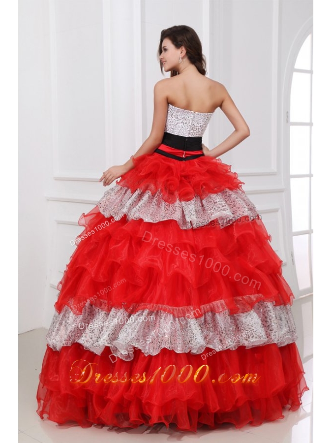 Silver and Red Sequin and Organza Ball Gown Dresses for Ladies