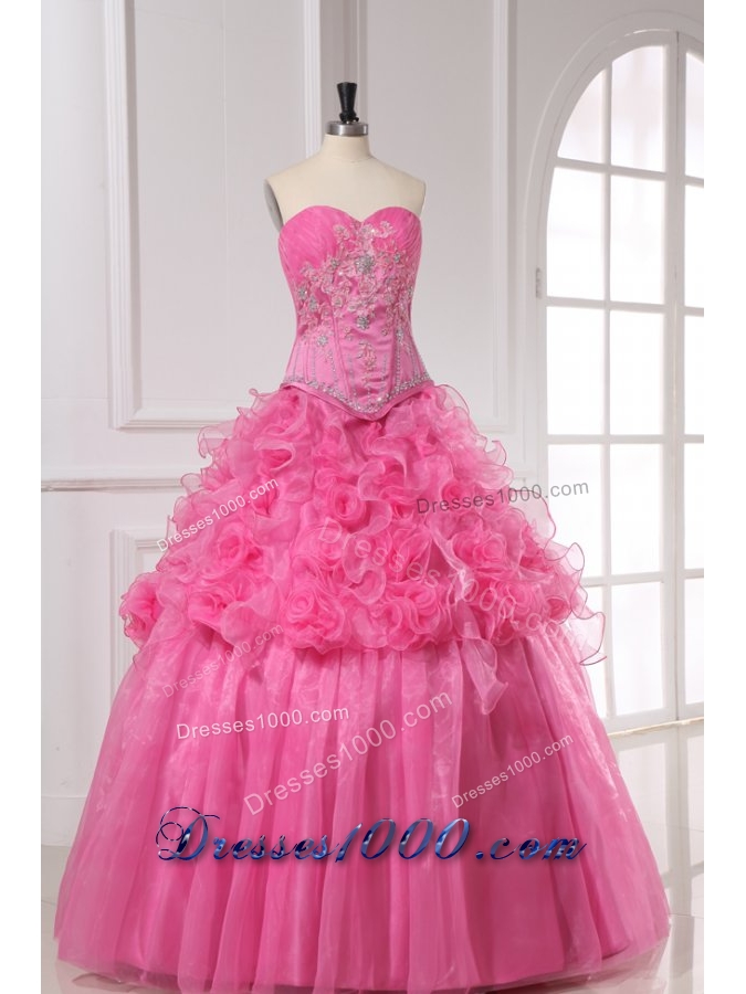 Pink Sweetheart Quinceanera Dress with Appliques and Rolling Flowers