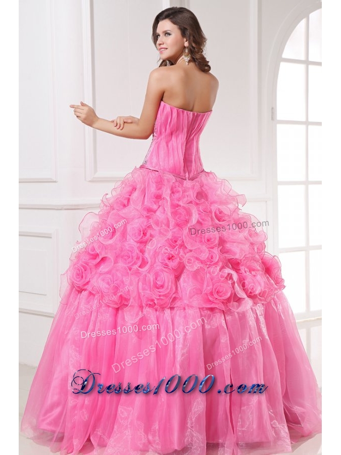Pink Sweetheart Quinceanera Dress with Appliques and Rolling Flowers