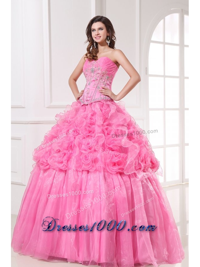 Pink Sweetheart Quinceanera Dress with Appliques and Rolling Flowers