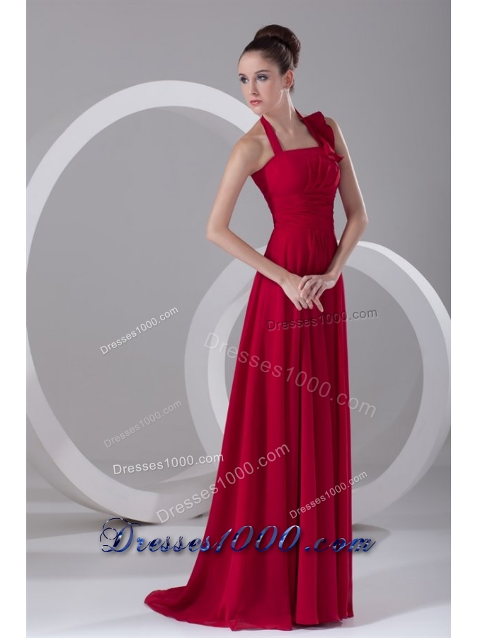 Discount Red Empire Halter Ruched Chiffon Prom Dress for Ladies