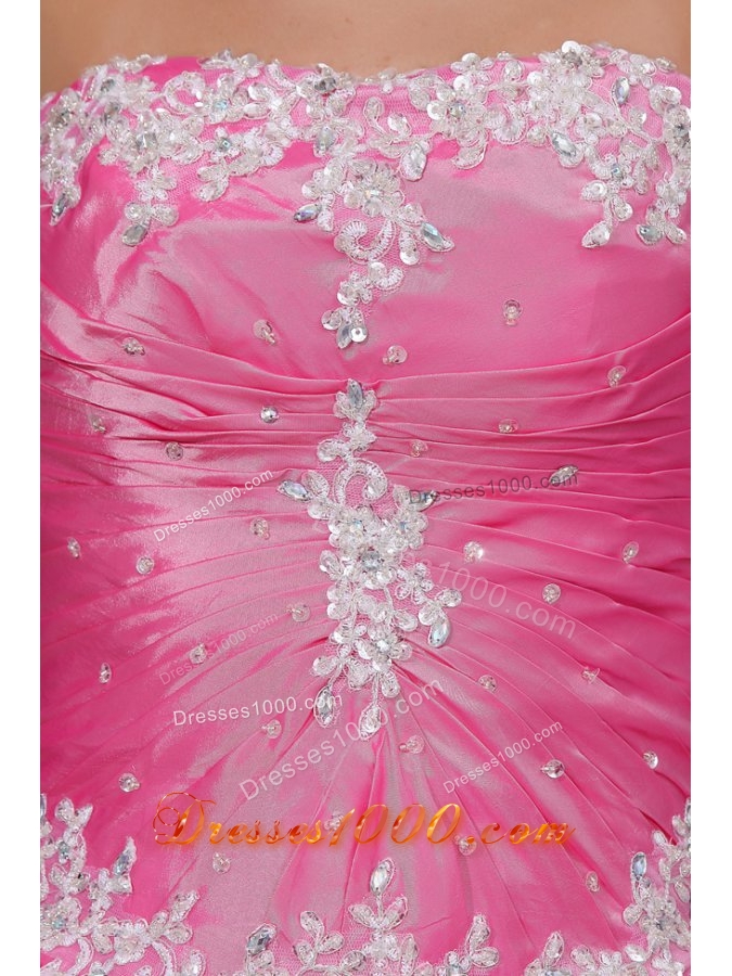 Rose Pink Sweet 16th Dress with Appliques and Pick-ups in Taffeta