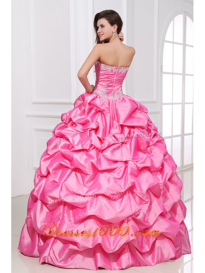 Rose Pink Sweet 16th Dress with Appliques and Pick-ups in Taffeta