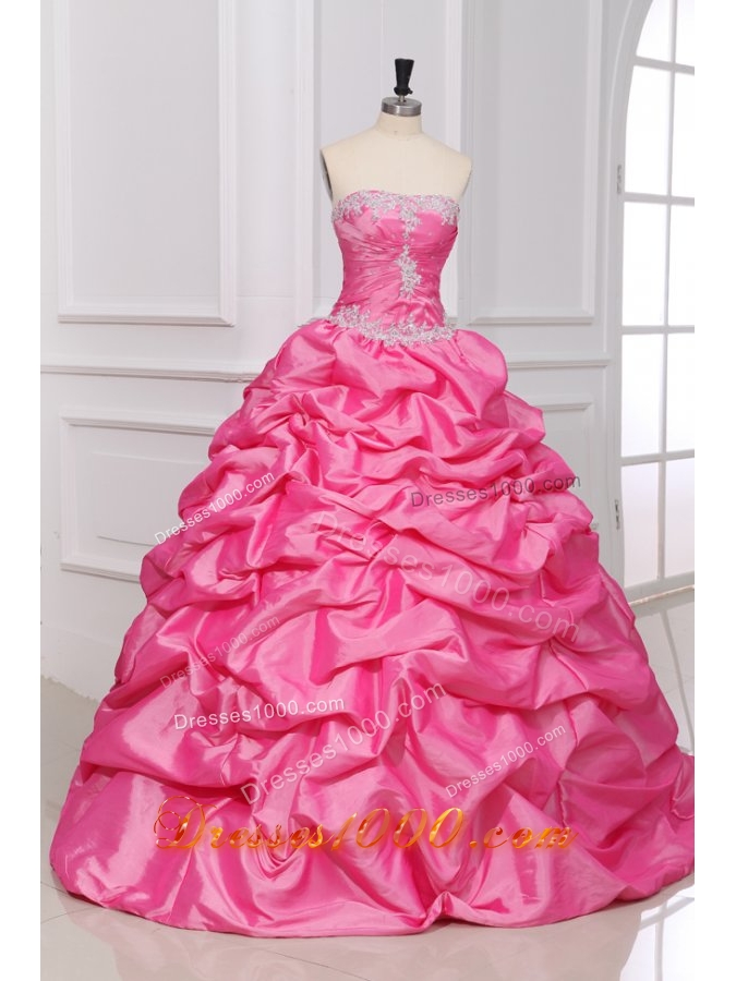 Rose Pink Sweet 16th Dress with Appliques and Pick-ups in Taffeta