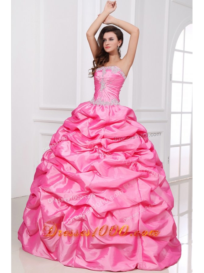 Rose Pink Sweet 16th Dress with Appliques and Pick-ups in Taffeta