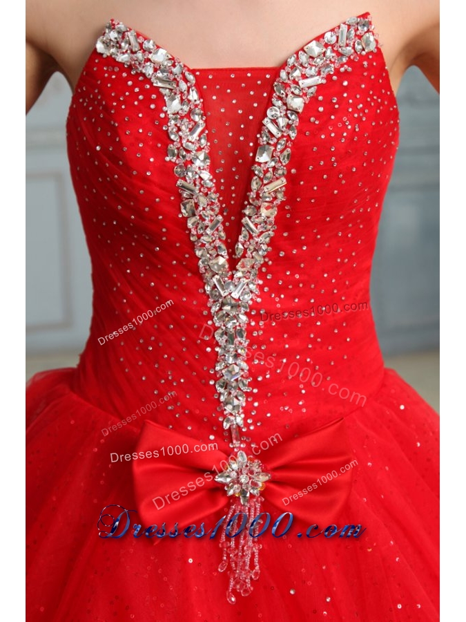 Paillettes and Bowknot Decorated Red Tulle Sweet Sixteen Dresses