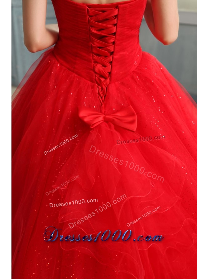 Paillettes and Bowknot Decorated Red Tulle Sweet Sixteen Dresses