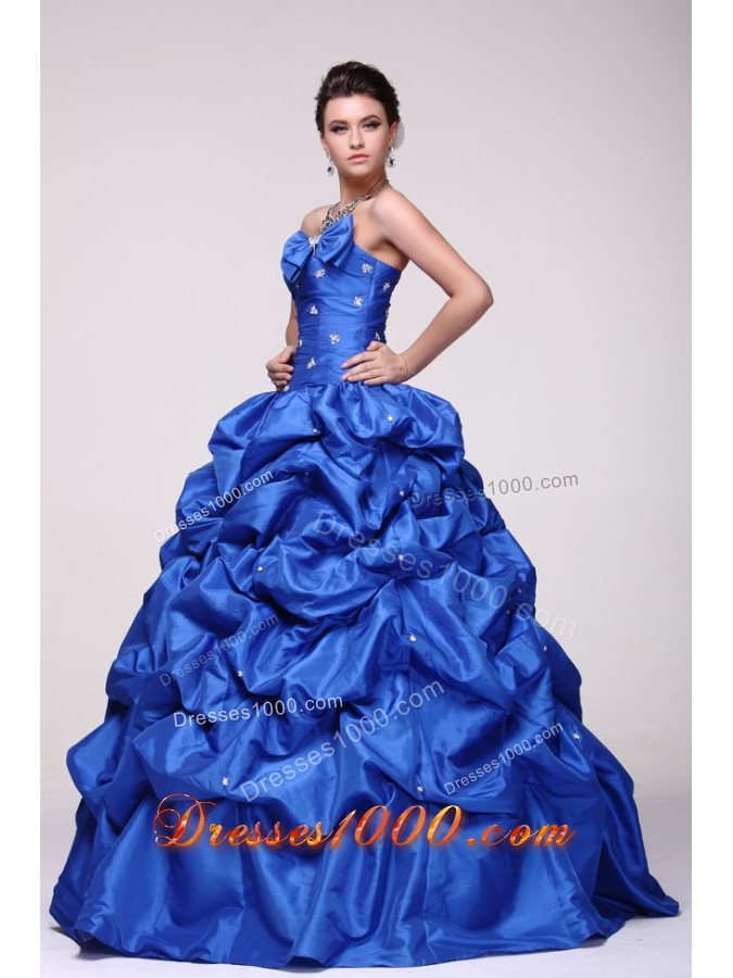 Sassy Beading Bowknot and Pick Ups Blue Taffeta Sweet 16 Dress