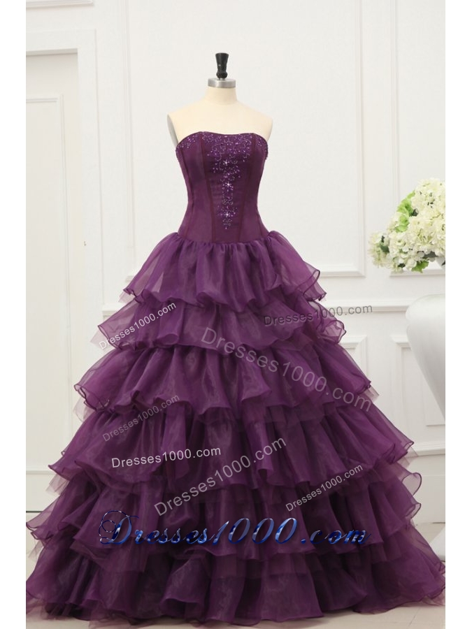 Ruffled Layeres Quinceanera Dress in Dark Purple with Beading