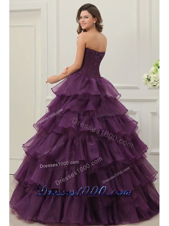 Ruffled Layeres Quinceanera Dress in Dark Purple with Beading