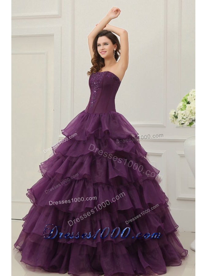 Ruffled Layeres Quinceanera Dress in Dark Purple with Beading