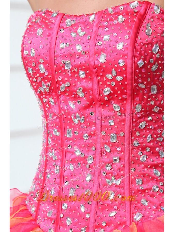 Strapless Floor-length Ruffled Hot Pink and Orange Quinceanera Gowns