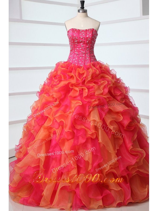 Strapless Floor-length Ruffled Hot Pink and Orange Quinceanera Gowns