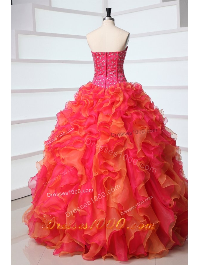 Strapless Floor-length Ruffled Hot Pink and Orange Quinceanera Gowns