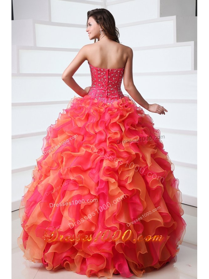 Strapless Floor-length Ruffled Hot Pink and Orange Quinceanera Gowns