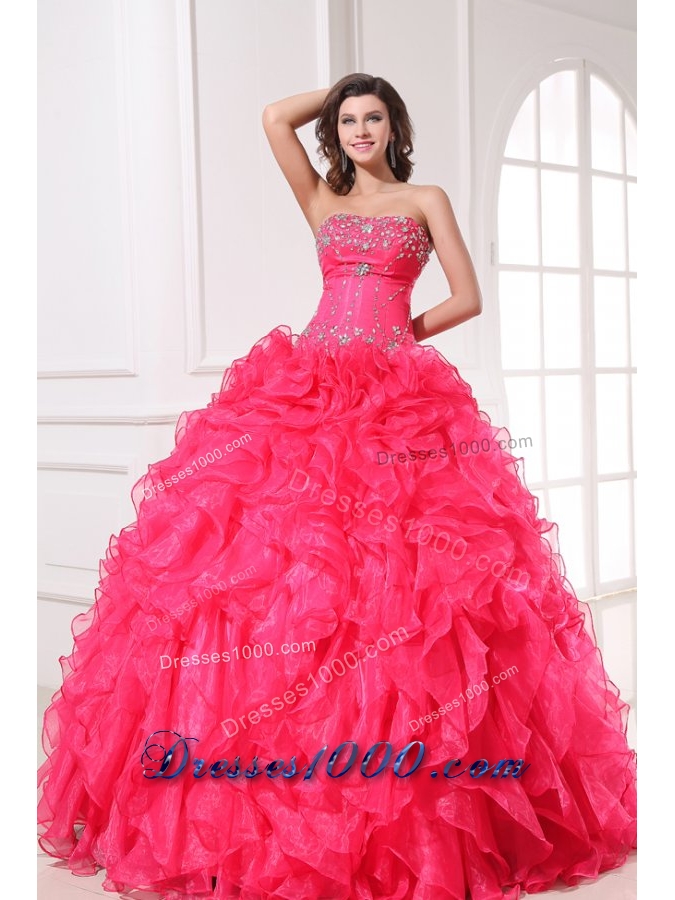 Organza Quinceanera Dress with Beading and Ruffles in Coral Red