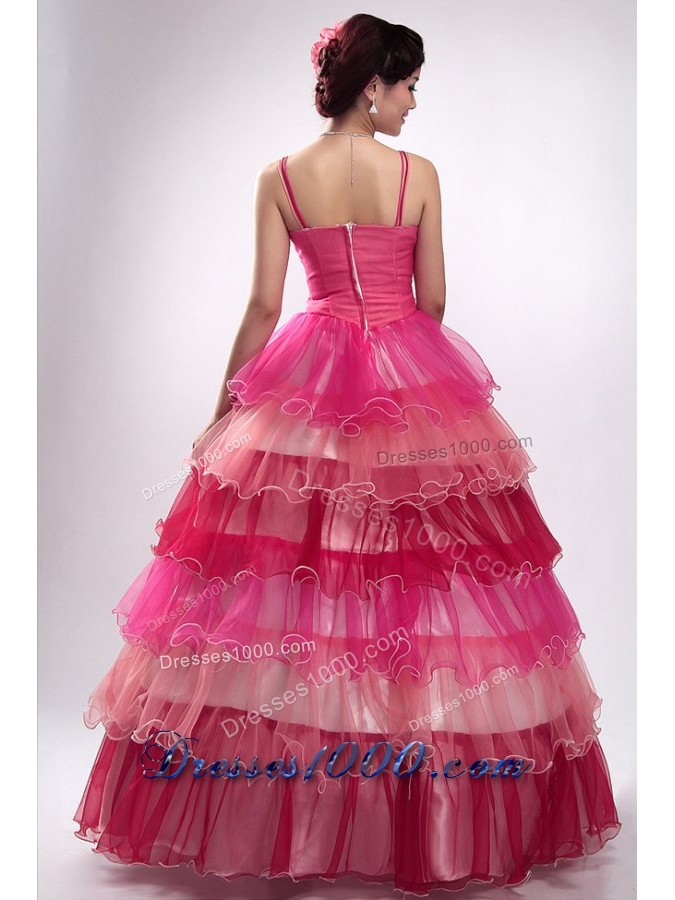 Spaghetti Straps Ruffled Layers Organza Quinceanera Party Dress