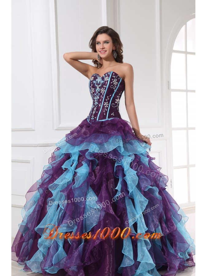 Sweetheart Neckline Purple and Blue Organza Sweet 15 Dresses
