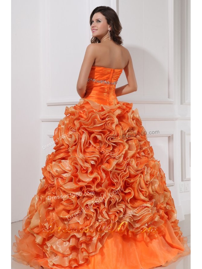Orange Sweetheart Quinceanera Gown with Beading and Rolling Flowers