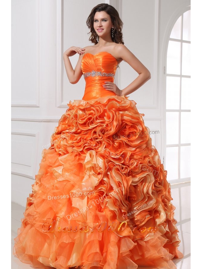 Orange Sweetheart Quinceanera Gown with Beading and Rolling Flowers