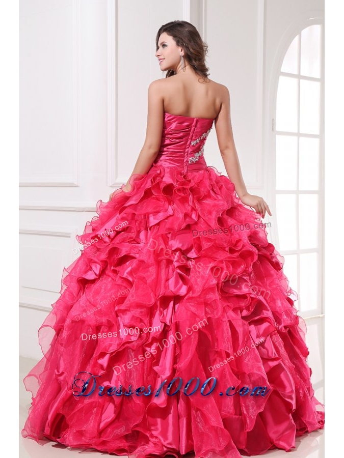 Long Hot Pink Quinceanera Party Dress with Beading and Ruffles