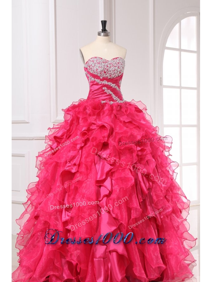 Long Hot Pink Quinceanera Party Dress with Beading and Ruffles