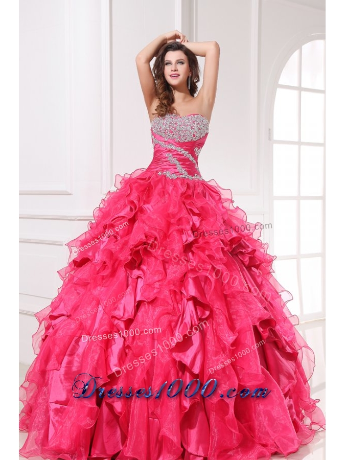 Long Hot Pink Quinceanera Party Dress with Beading and Ruffles