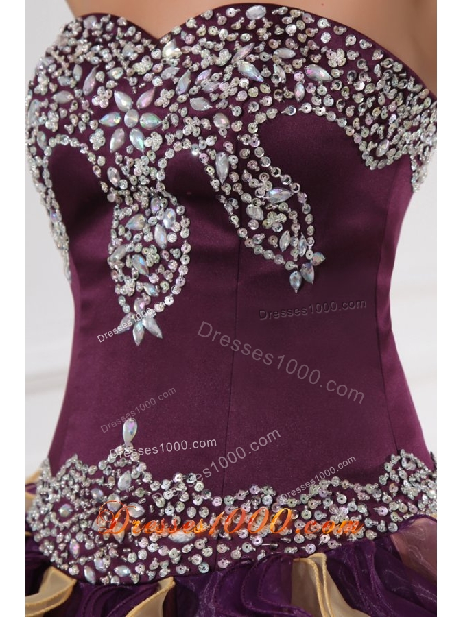 Sweetheart Purple with Gold Beaded and Ruffled Quinceanera Gown