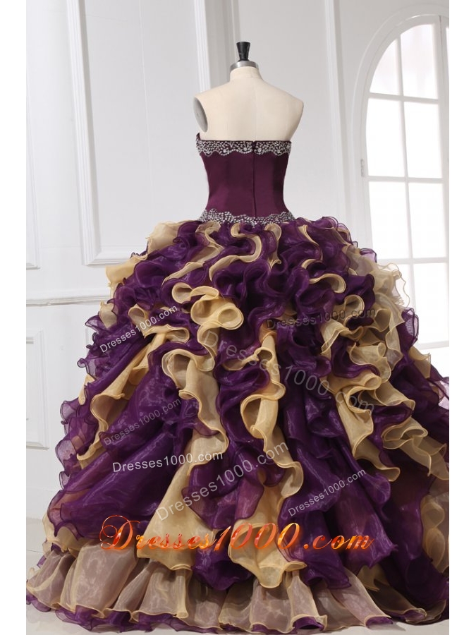Sweetheart Purple with Gold Beaded and Ruffled Quinceanera Gown