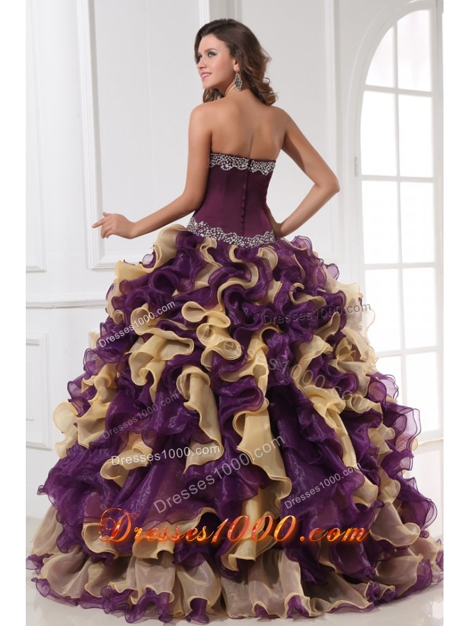 Sweetheart Purple with Gold Beaded and Ruffled Quinceanera Gown