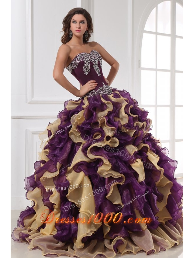 Sweetheart Purple with Gold Beaded and Ruffled Quinceanera Gown