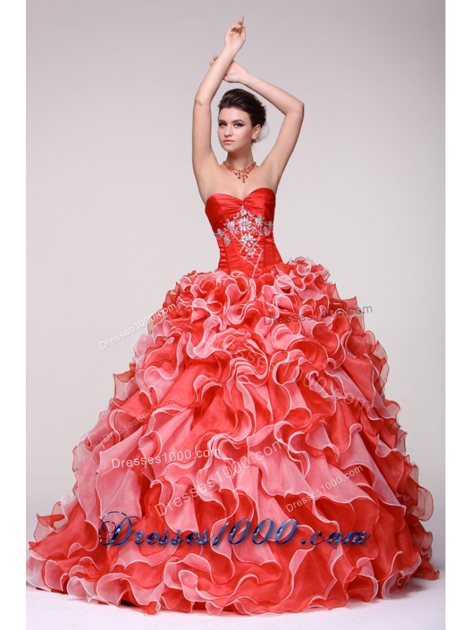 Chic Diamonds and Ruffles Sweetheart Organza Dress for Quince