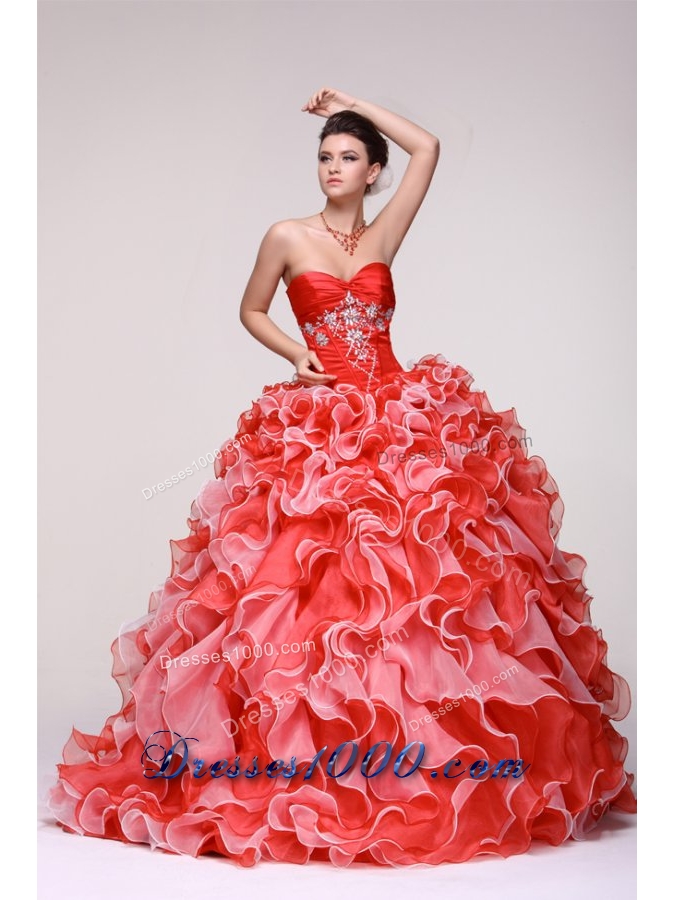 Chic Diamonds and Ruffles Sweetheart Organza Dress for Quince