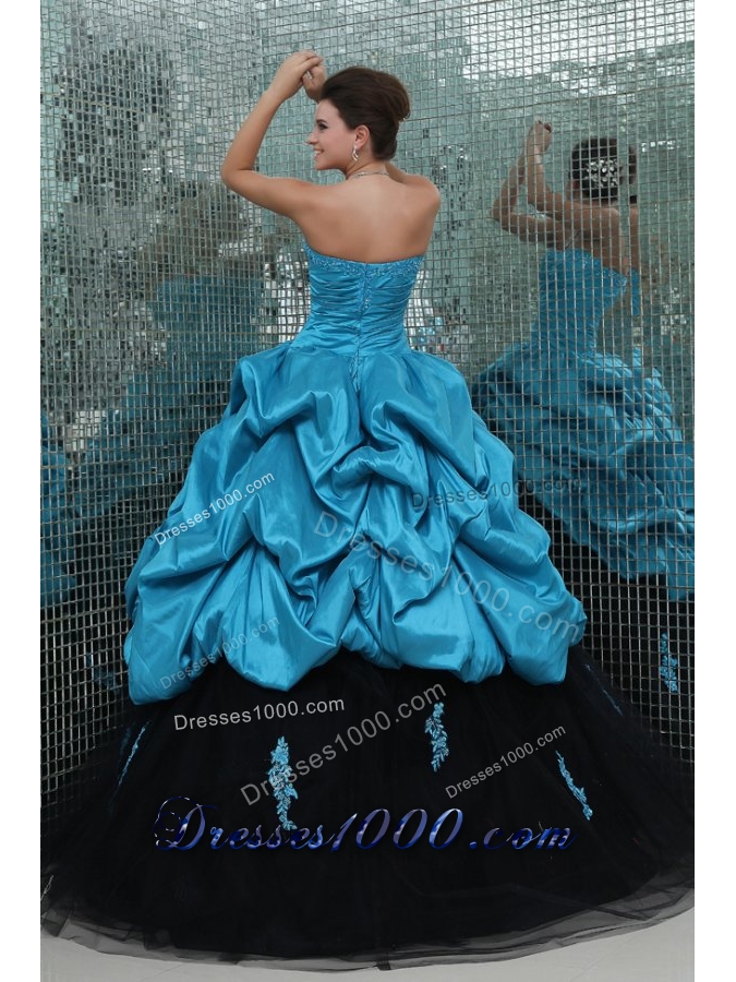 Sassy Aqua Blue and Black Pick Ups and Appliques Sweet 16 Dress