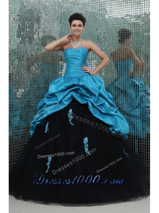 Sassy Aqua Blue and Black Pick Ups and Appliques Sweet 16 Dress