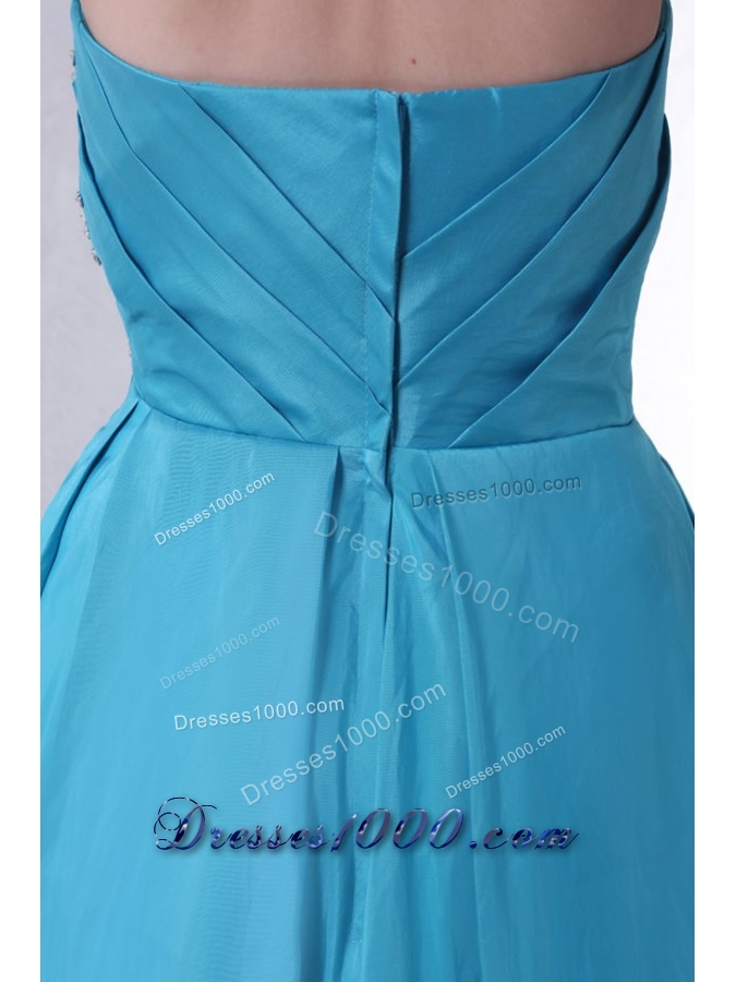 Aqua Blue Empire Strapless Tea-length Prom Gown with Beading