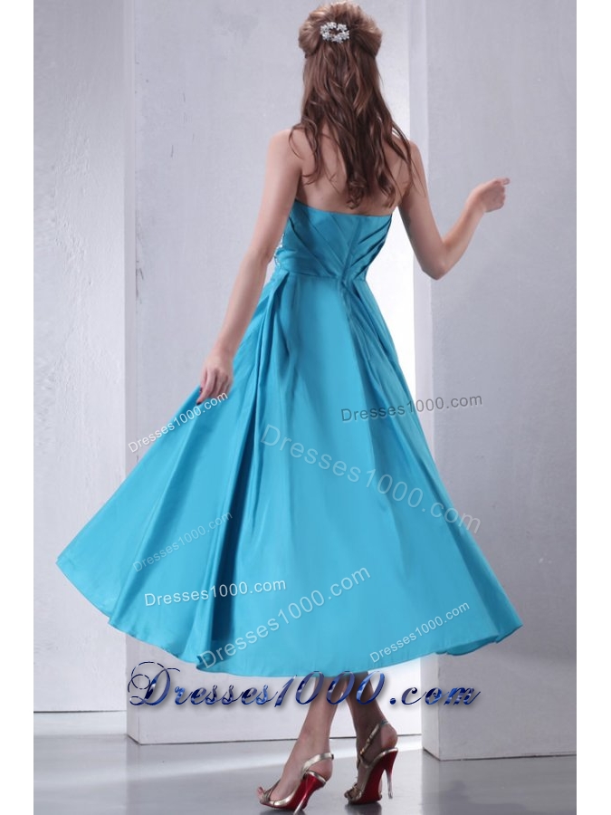 Aqua Blue Empire Strapless Tea-length Prom Gown with Beading
