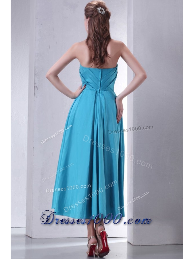Aqua Blue Empire Strapless Tea-length Prom Gown with Beading