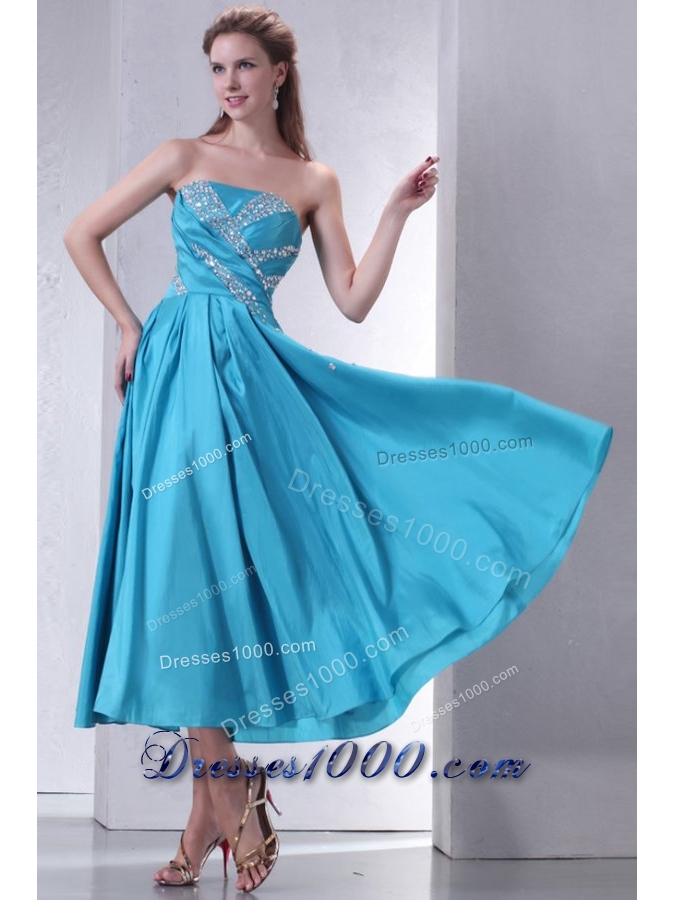 Aqua Blue Empire Strapless Tea-length Prom Gown with Beading