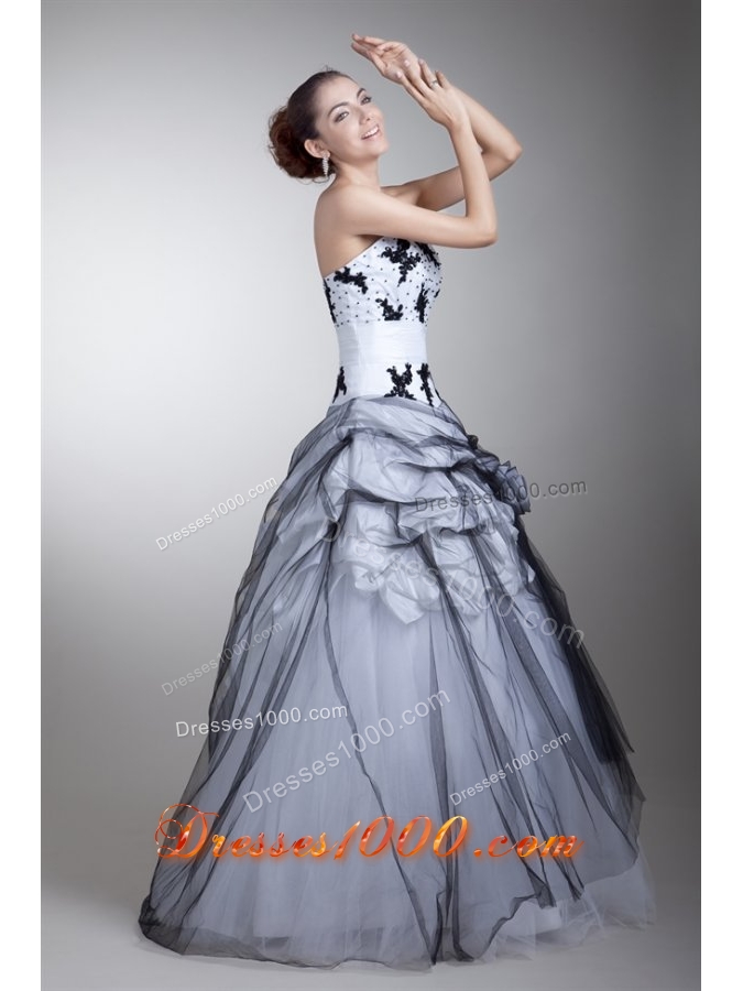 White and Black Tulle Appliqued Quinceanera Dress with Pick-ups
