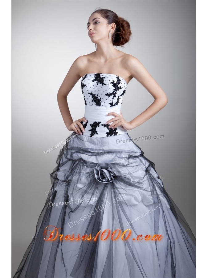 White and Black Tulle Appliqued Quinceanera Dress with Pick-ups
