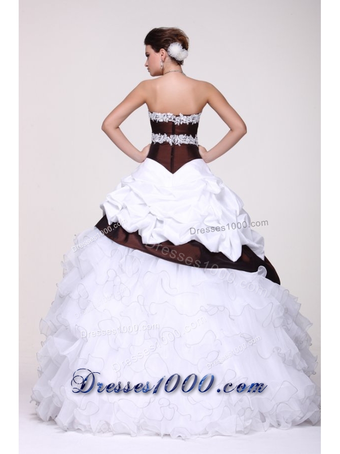 White and Brown Organza and Taffeta Ruffled Sweet 16 Dresses