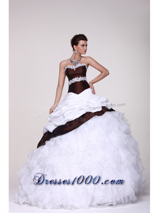 White and Brown Organza and Taffeta Ruffled Sweet 16 Dresses