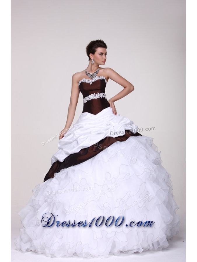 White and Brown Organza and Taffeta Ruffled Sweet 16 Dresses