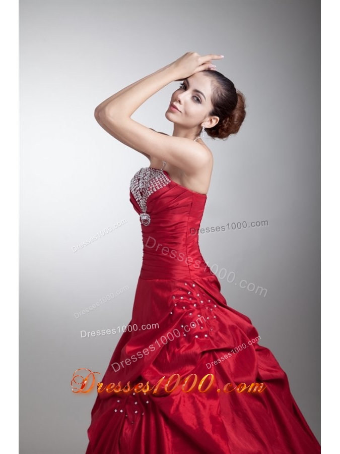 Strapless Beading and Pick Ups Red Taffeta Dresses for Sweet 15