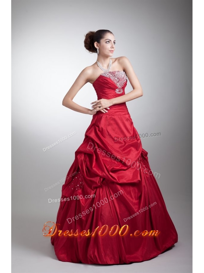 Strapless Beading and Pick Ups Red Taffeta Dresses for Sweet 15