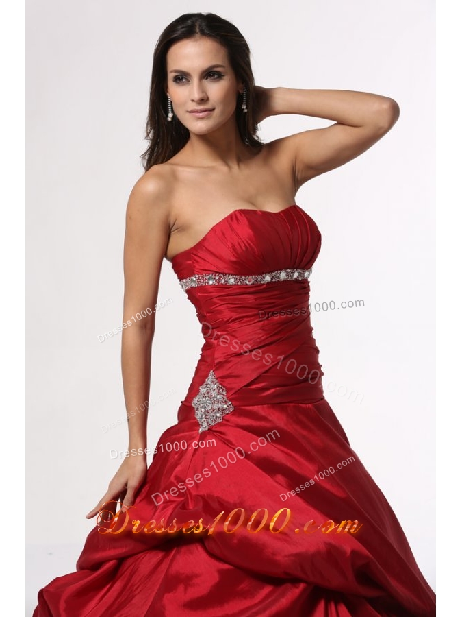 Beading and Ruching Red Taffeta Dress for Sweet 15 with Pick Ups