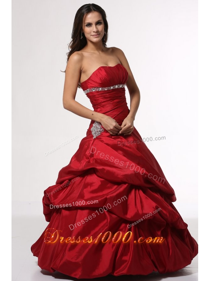 Beading and Ruching Red Taffeta Dress for Sweet 15 with Pick Ups